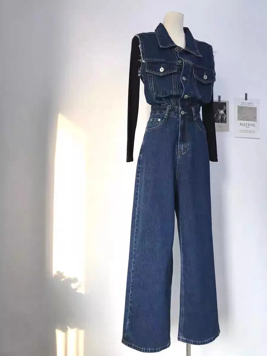 Miser Sheep 2023 New European Station Temperament Large Long Legs High Waist Sleeveless Washed Denim Jumpsuit Wide Leg Pants