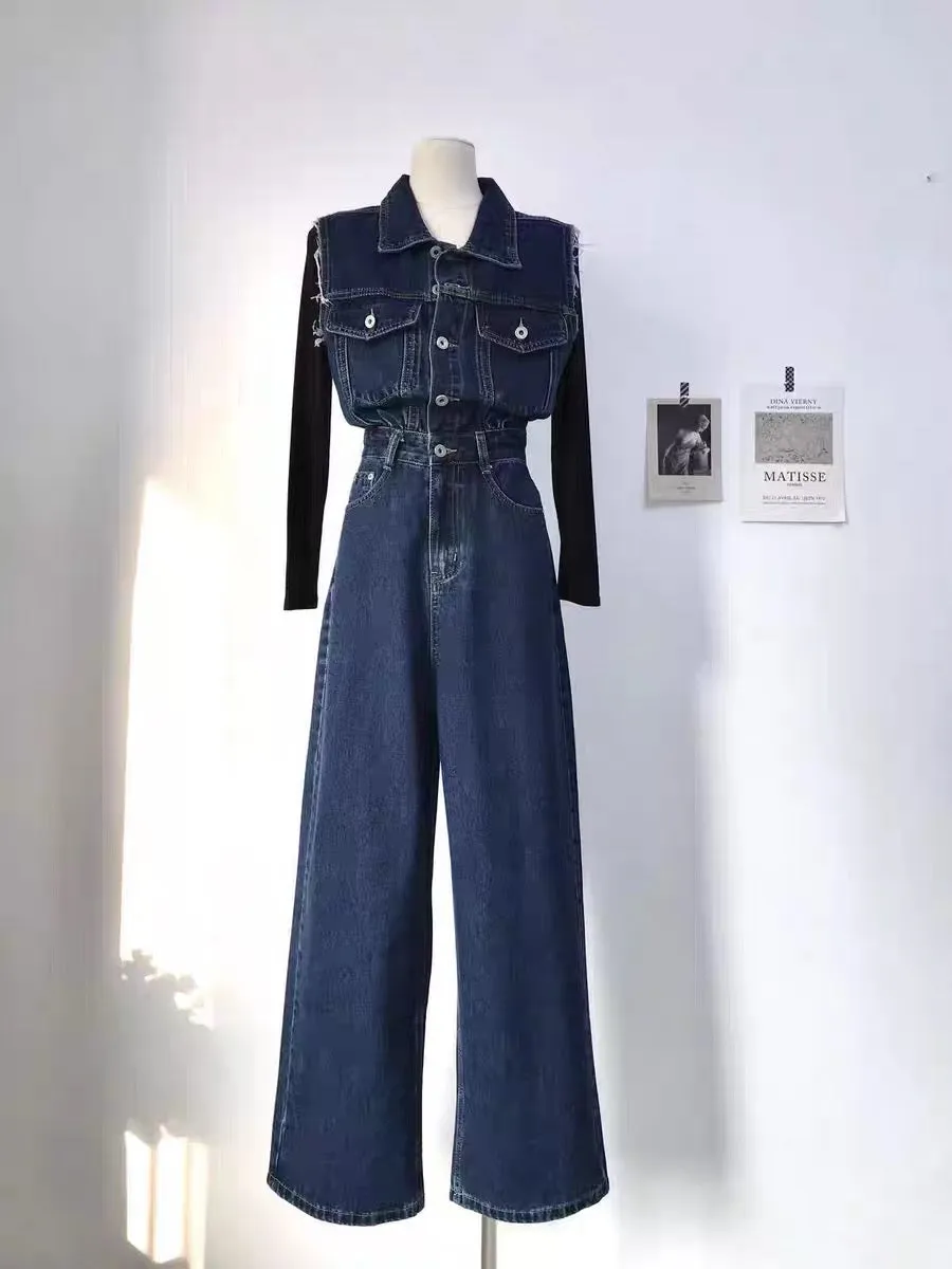 Miser Sheep 2023 New European Station Temperament Large Long Legs High Waist Sleeveless Washed Denim Jumpsuit Wide Leg Pants