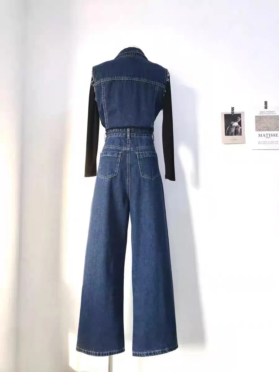 Miser Sheep 2023 New European Station Temperament Large Long Legs High Waist Sleeveless Washed Denim Jumpsuit Wide Leg Pants