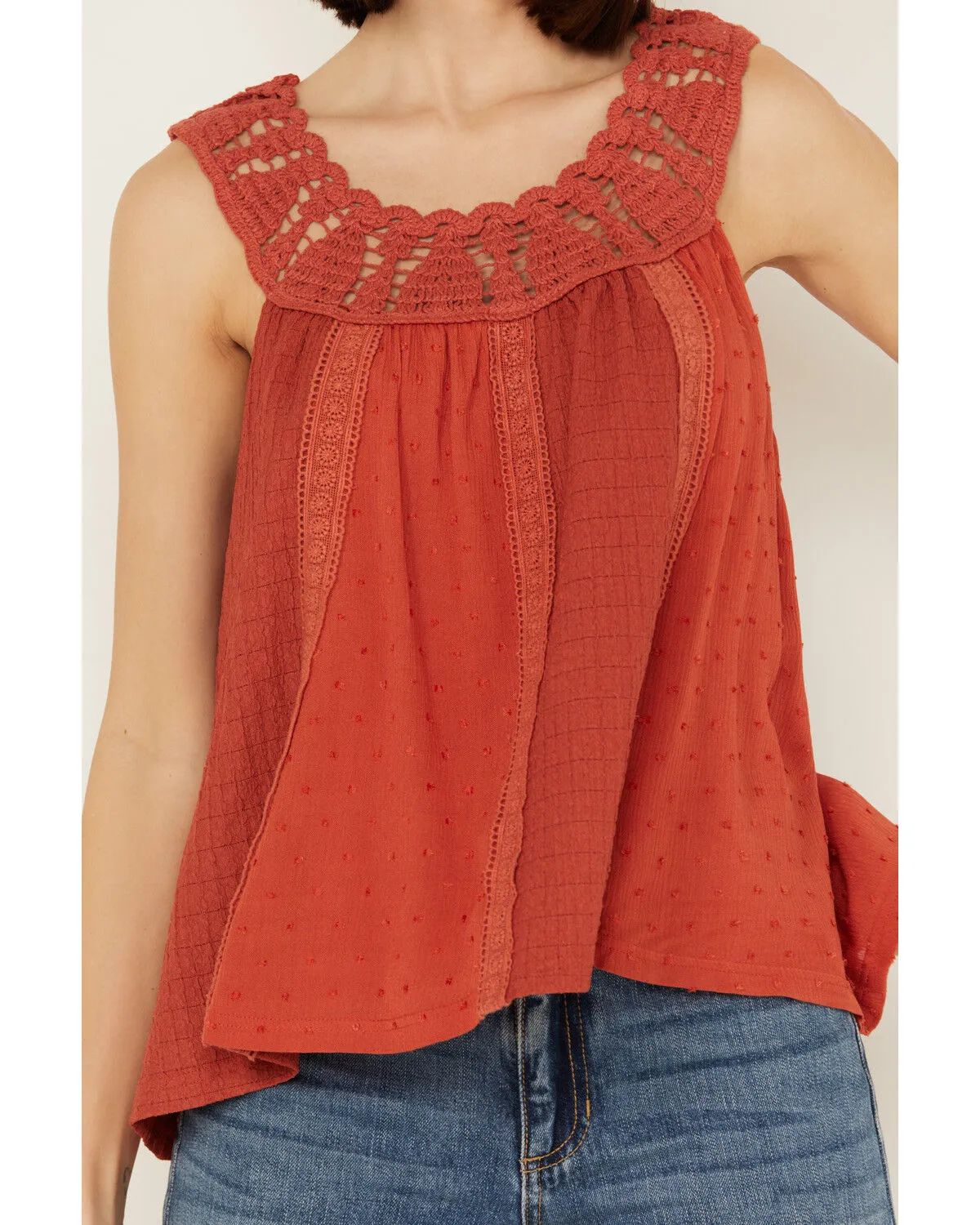 Miss Me Women's Crochet Neck Sleeveless Peasant Top