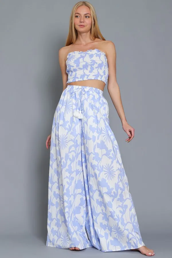 Mizaly Floral Strapless Smocked Top & Wide Leg Pants Set