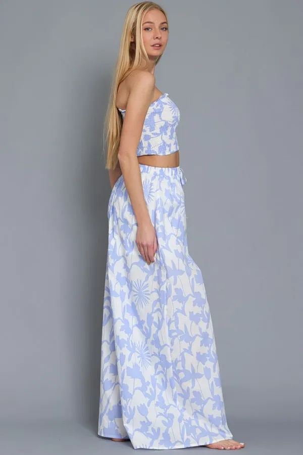 Mizaly Floral Strapless Smocked Top & Wide Leg Pants Set