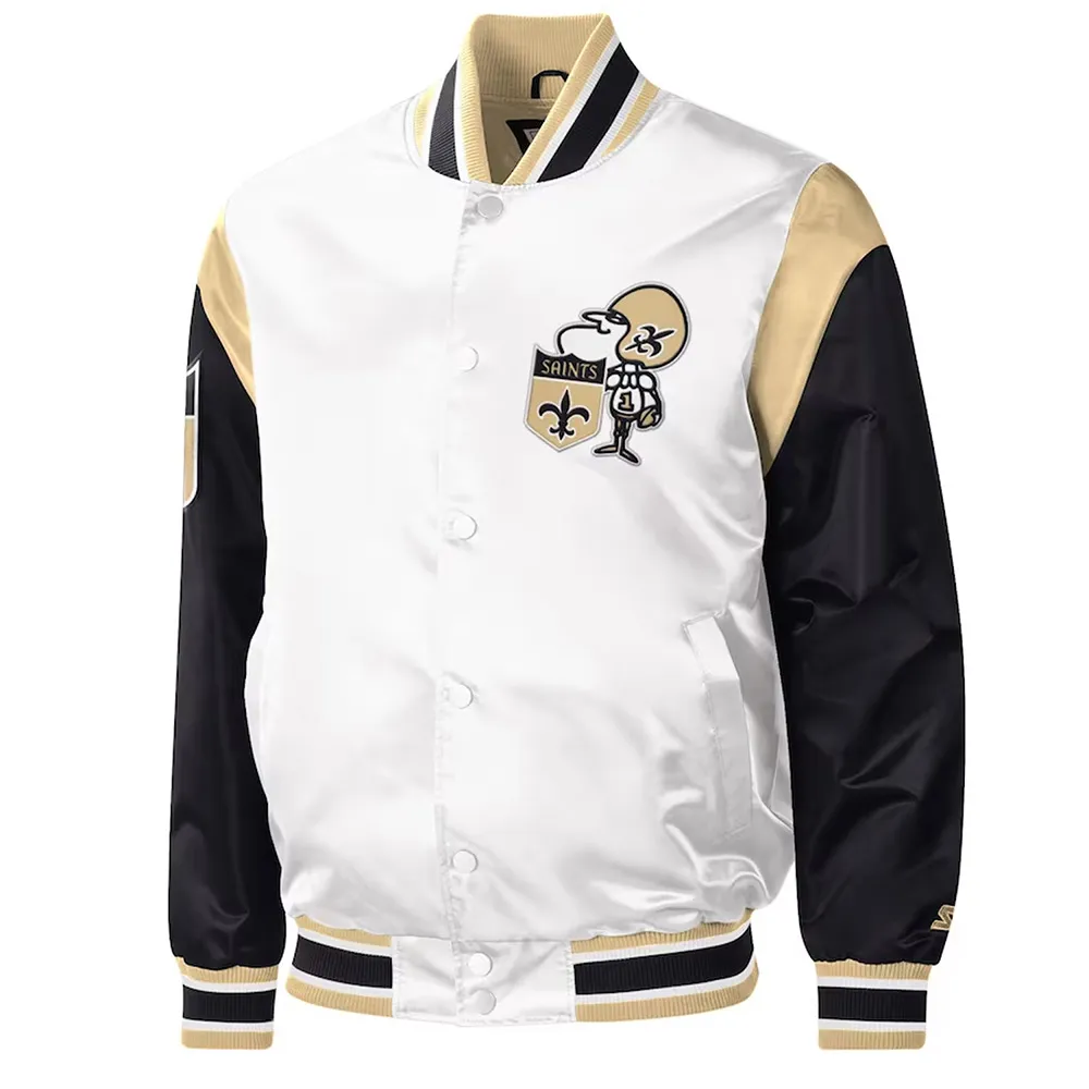 New Orleans Saints Throwback Warm Up Pitch White Varsity Satin Jacket