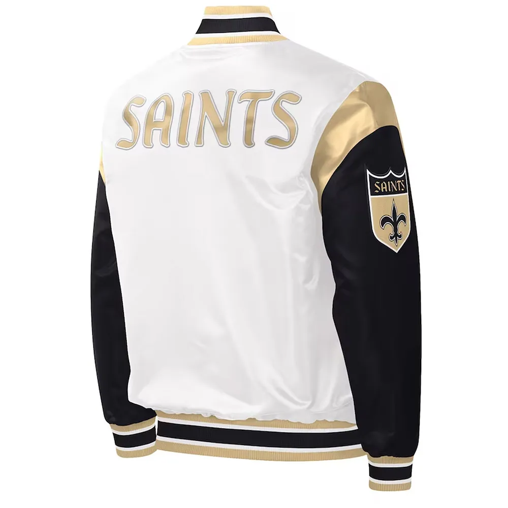 New Orleans Saints Throwback Warm Up Pitch White Varsity Satin Jacket