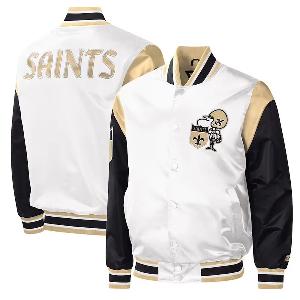 New Orleans Saints Throwback Warm Up Pitch White Varsity Satin Jacket