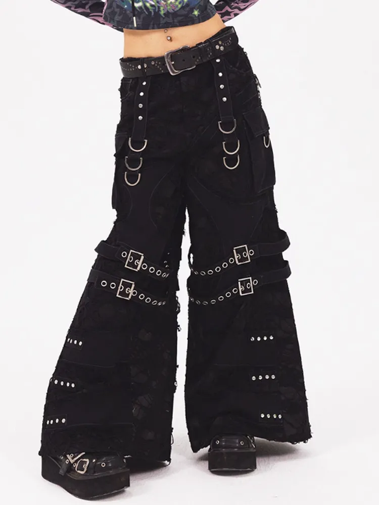 Nichi Cool Belt Damage Mesh Fancy Wide-Pants