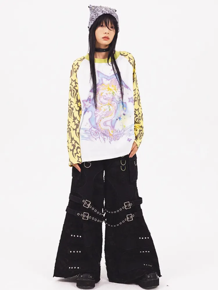 Nichi Cool Belt Damage Mesh Fancy Wide-Pants