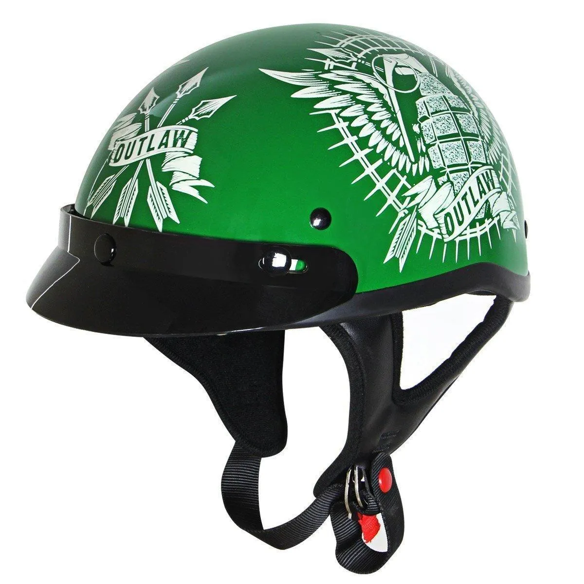 Outlaw Helmets T70 Glossy Green Motorcycle Half Helmet for Men & Women with Sun Visor DOT Approved - Adult Unisex Skull Cap for 