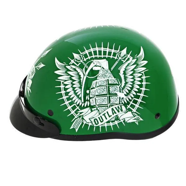 Outlaw Helmets T70 Glossy Green Motorcycle Half Helmet for Men & Women with Sun Visor DOT Approved - Adult Unisex Skull Cap for 