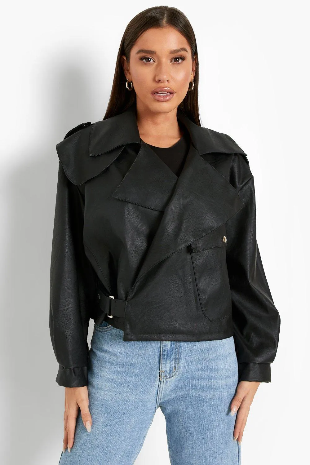 Oversized Faux Leather Pocket Detail Jacket