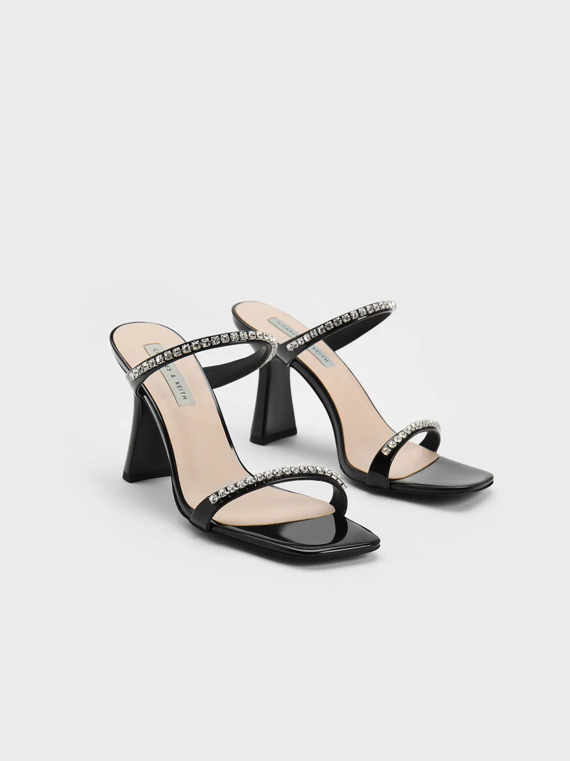 Patent Gem-Encrusted Heeled Sandals - Black Patent