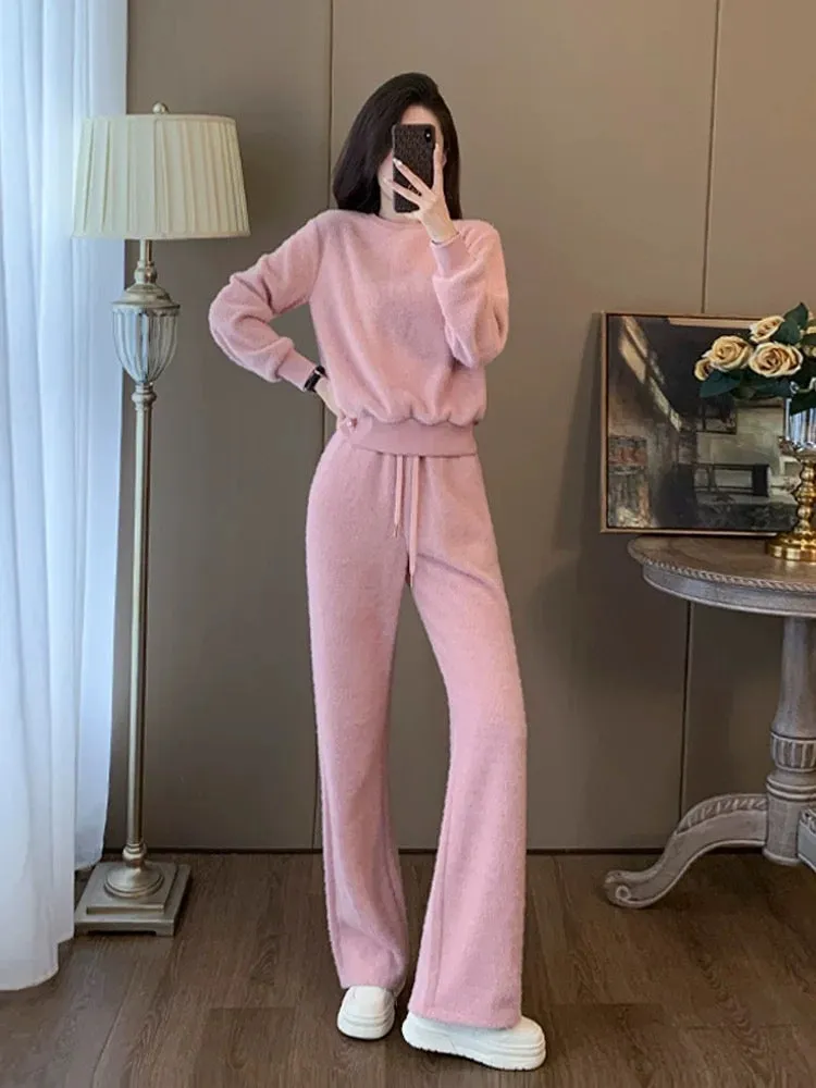 Pink high-end sports casual suit for women in autumn and winter fashion slimming Internet celebrity street sweatshirt wide-leg p