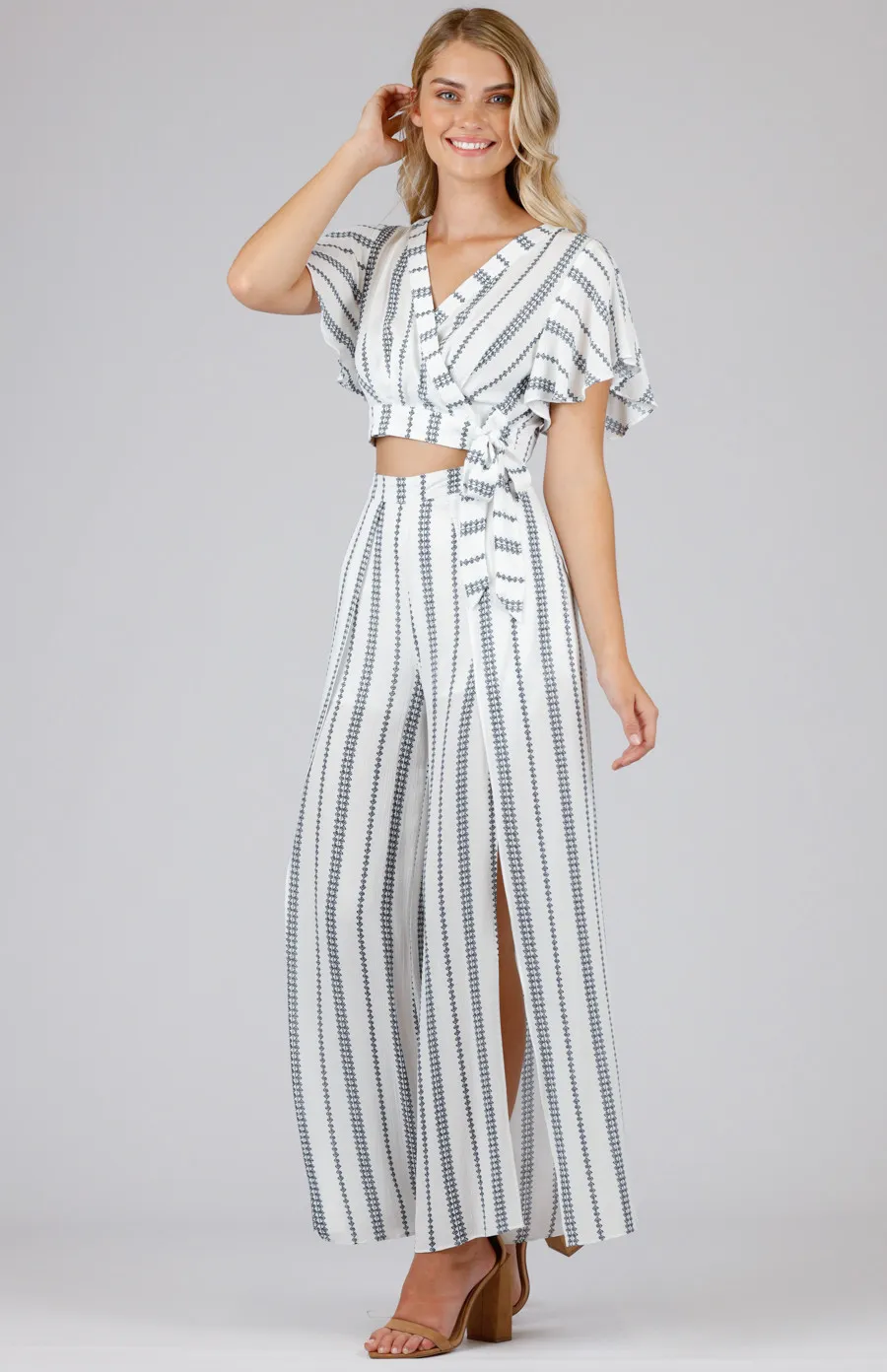 Printed Set With Wrap Top and Split Leg Pants (SSE306A)