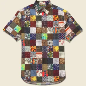 Pullover Short Sleeve Patchwork Print Shirt - Brown/Multi