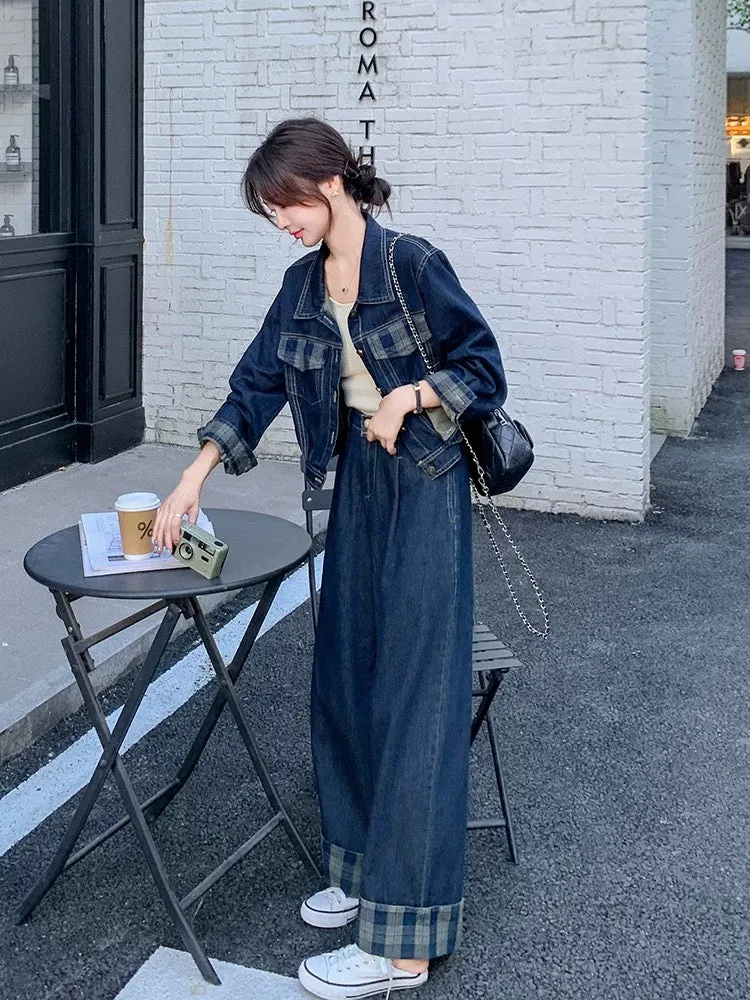 Relaxed age-reducing denim suit for women autumn 2024 new casual temperament Hong Kong style shirt wide-leg pants two-piece set