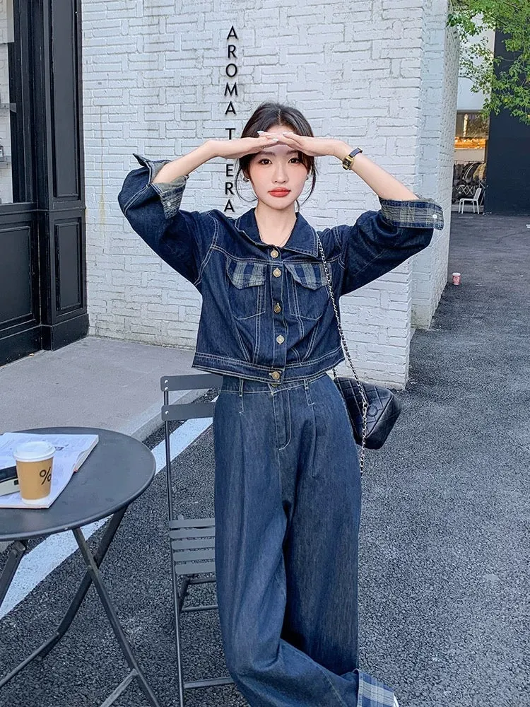 Relaxed age-reducing denim suit for women autumn 2024 new casual temperament Hong Kong style shirt wide-leg pants two-piece set