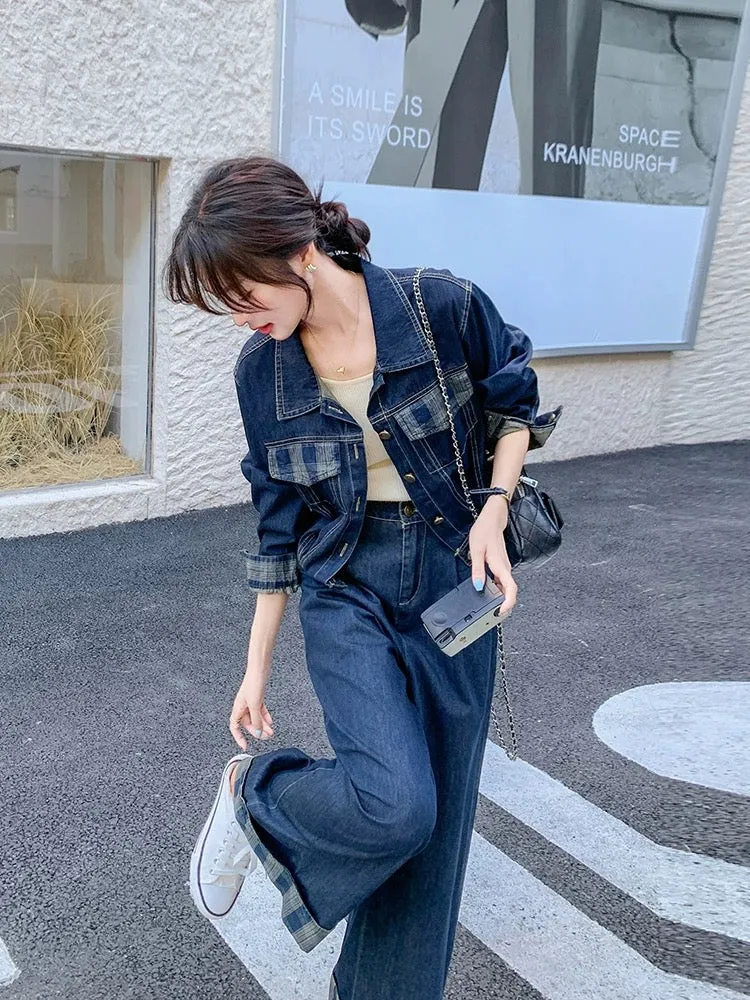 Relaxed age-reducing denim suit for women autumn 2024 new casual temperament Hong Kong style shirt wide-leg pants two-piece set