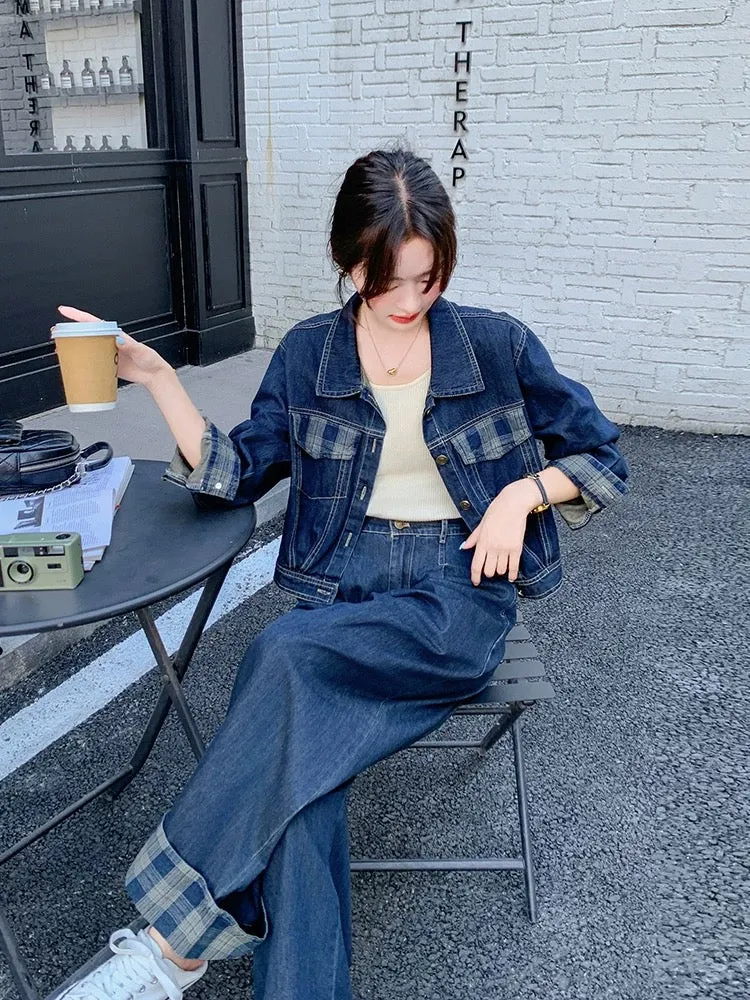 Relaxed age-reducing denim suit for women autumn 2024 new casual temperament Hong Kong style shirt wide-leg pants two-piece set