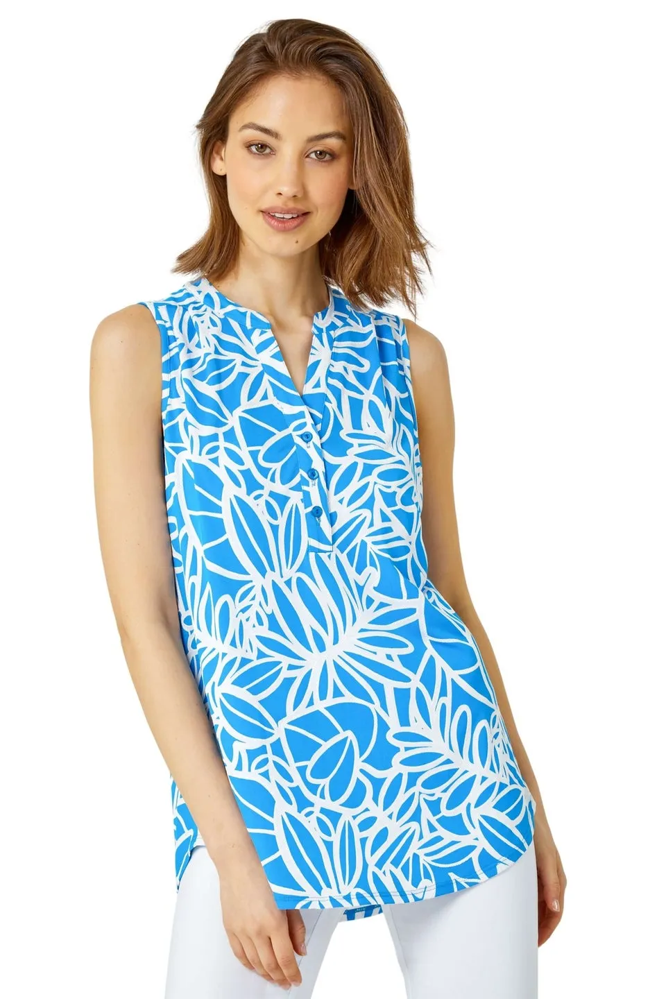 Roman Blue Sleeveless Linear Print V-Neck Tunic Top