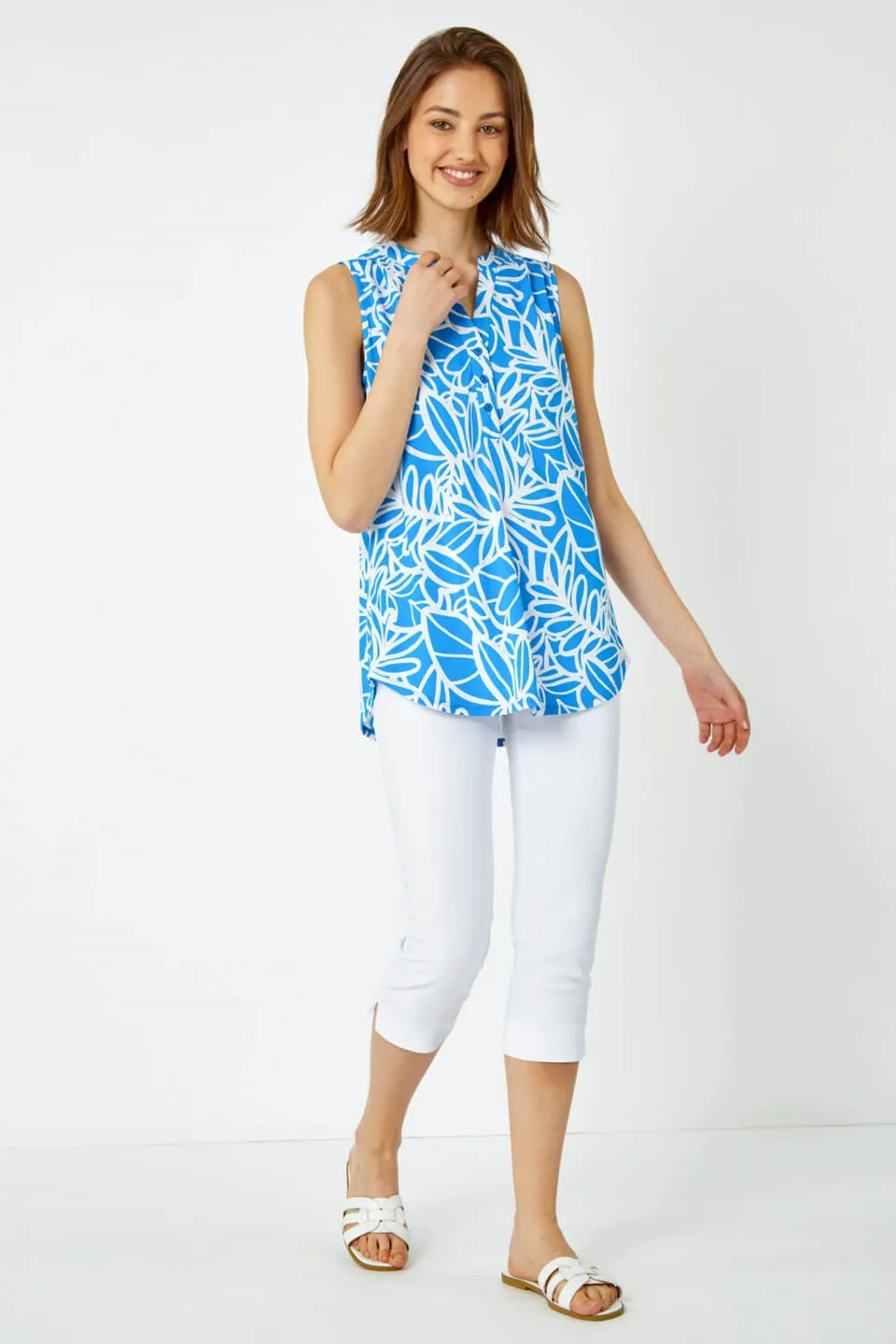 Roman Blue Sleeveless Linear Print V-Neck Tunic Top