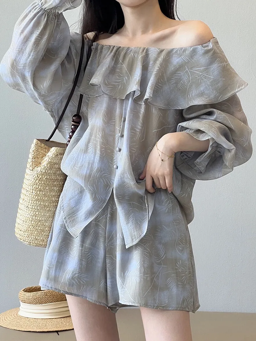 Ruffled shorts suit, women's summer dress, one-piece collar, sun protection shirt, top, wide-leg pants, two-piece set, complete 