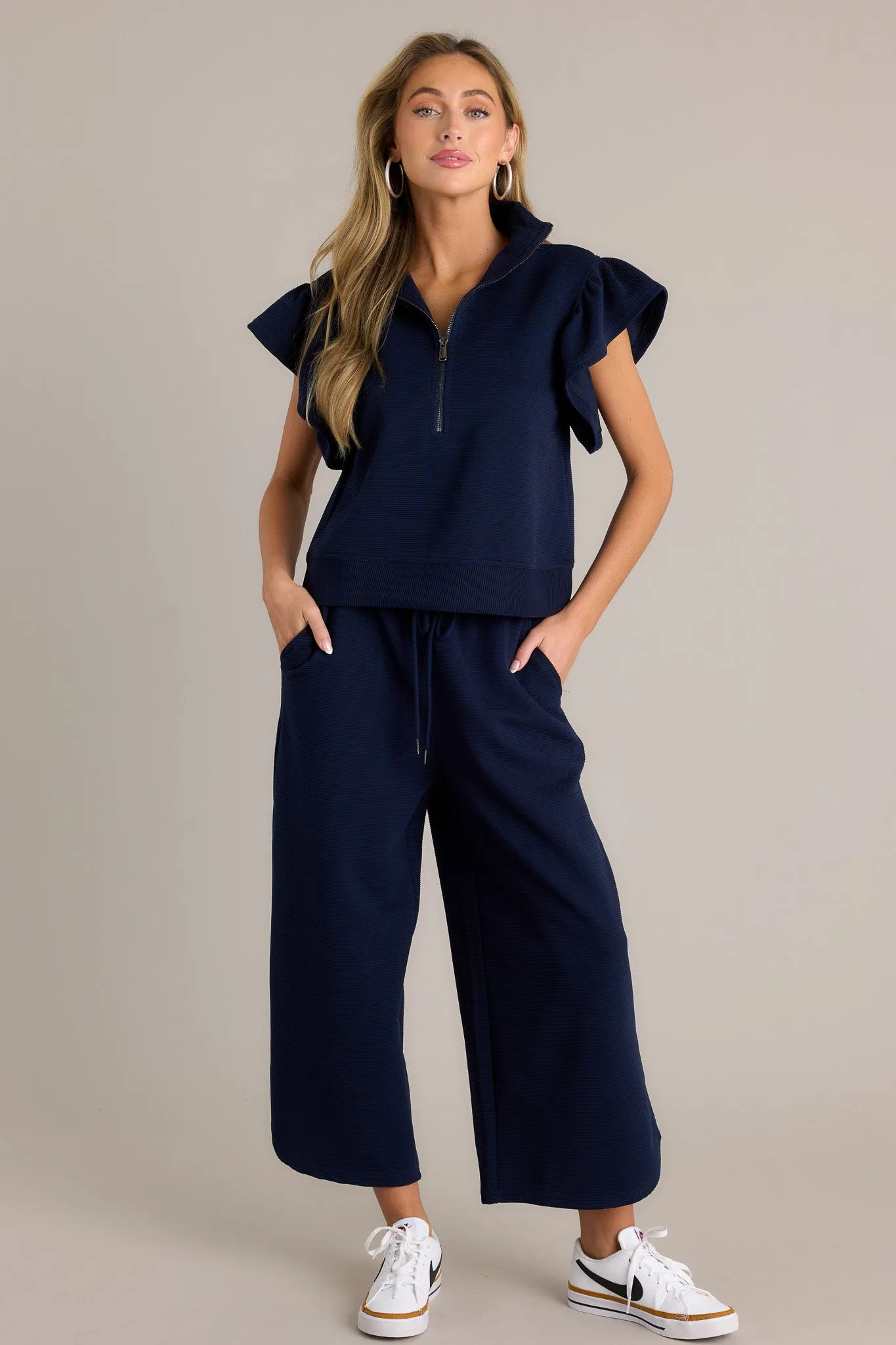 Sand Dune Navy Ribbed Wide Leg Pants