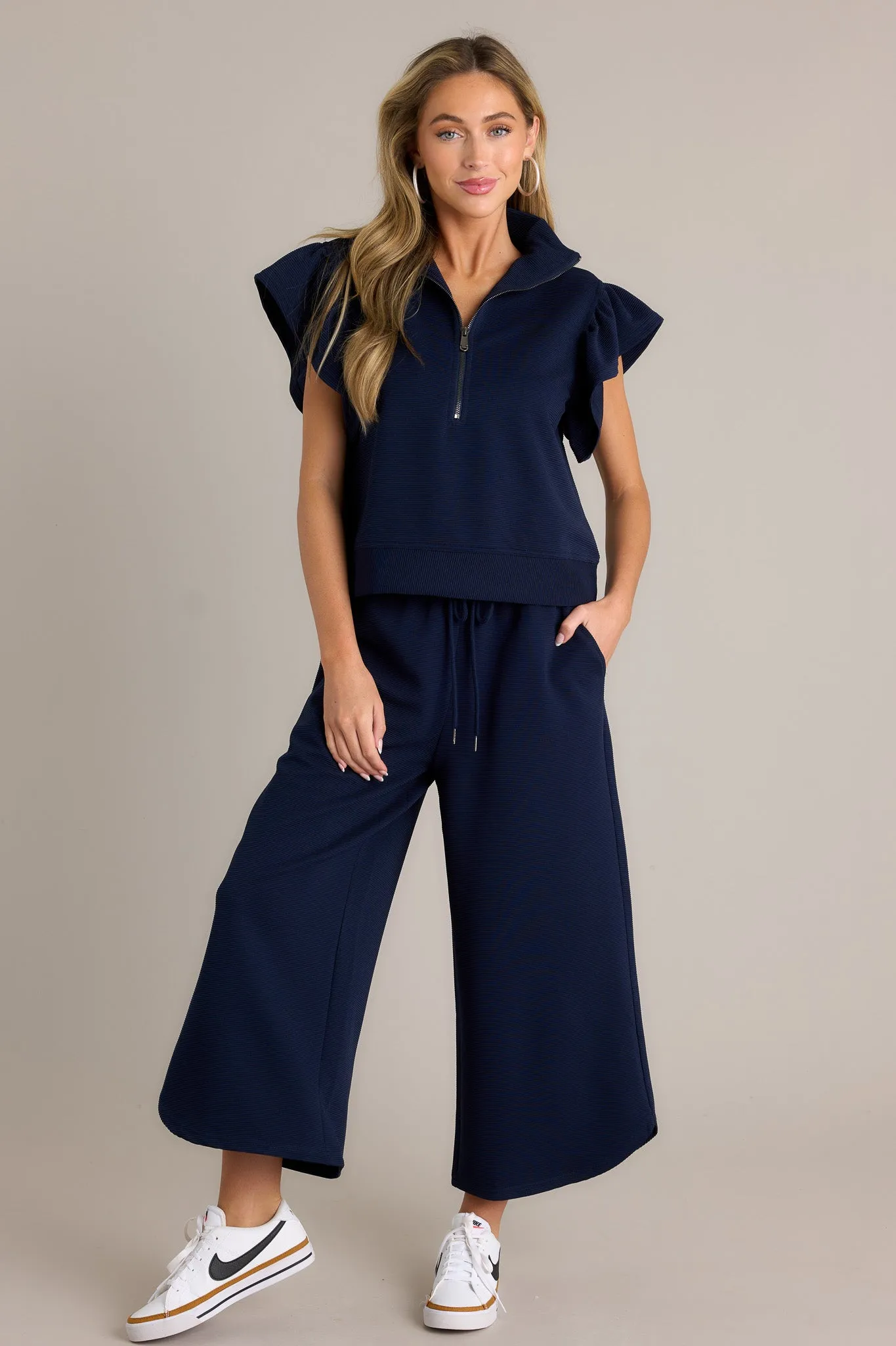 Sand Dune Navy Ribbed Wide Leg Pants