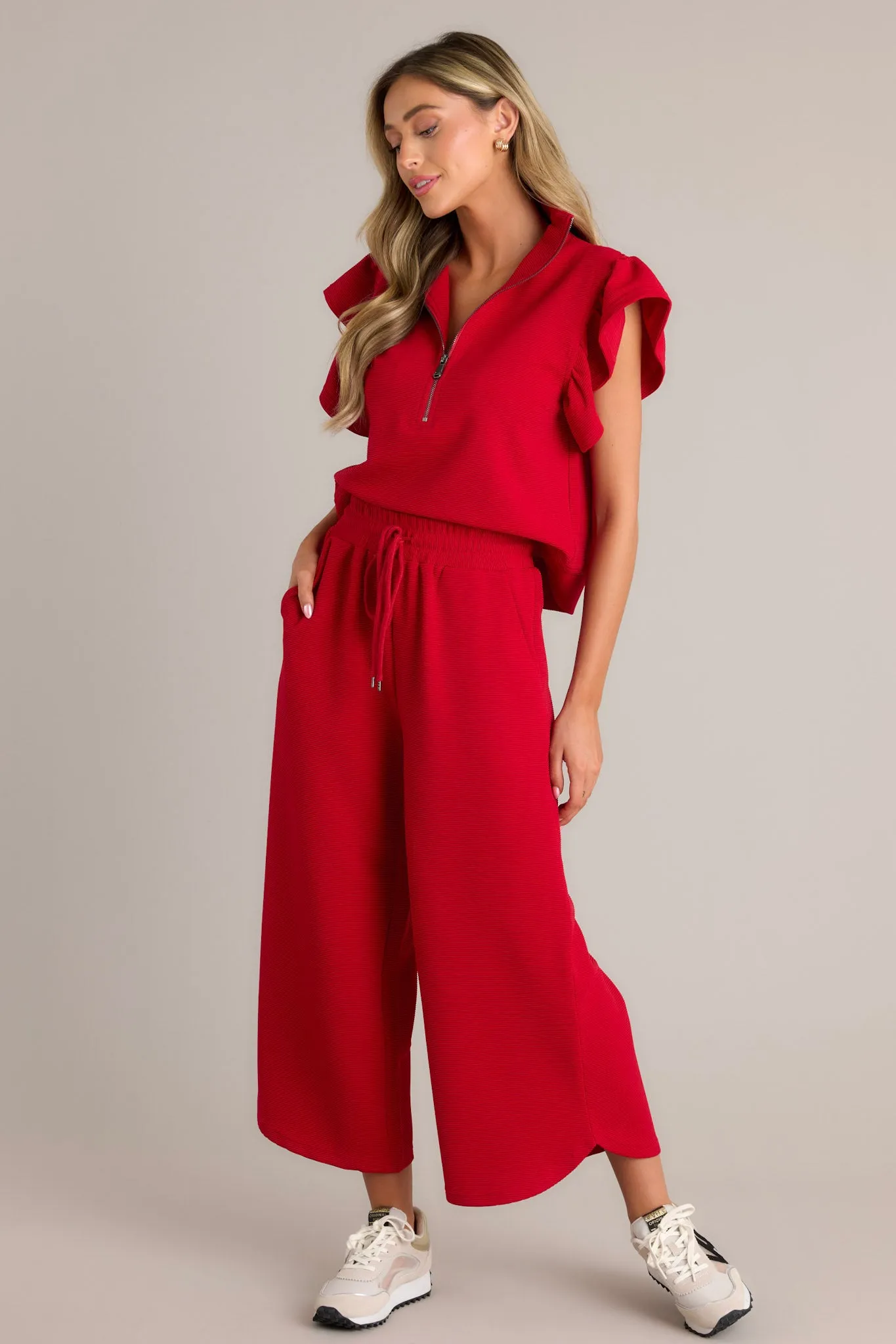 Sand Dune Red Ribbed Wide Leg Cropped Pants