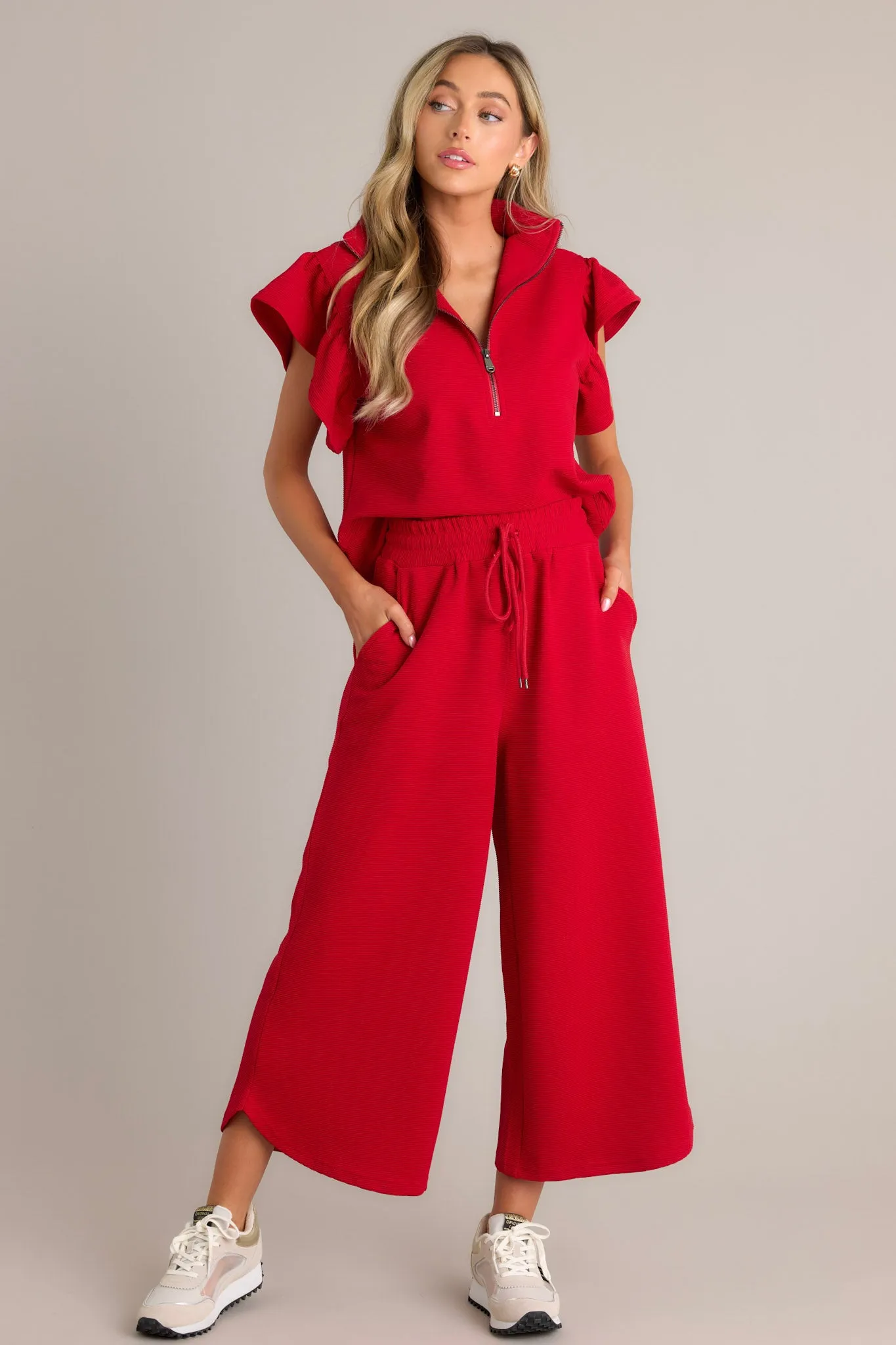 Sand Dune Red Ribbed Wide Leg Cropped Pants