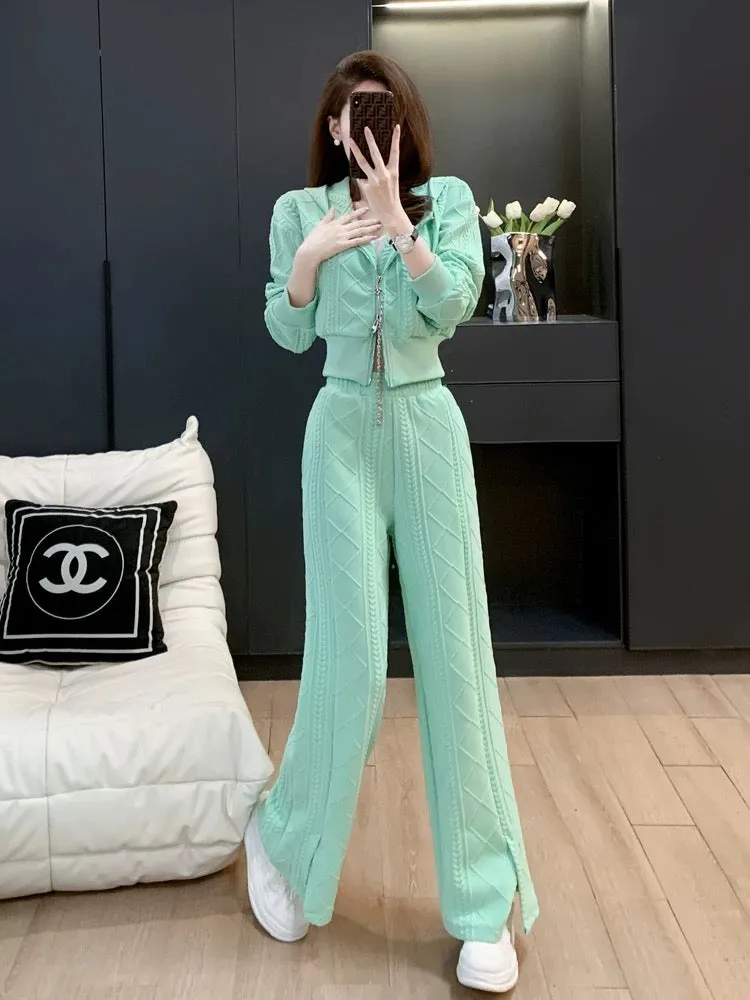 Sports suit for women in autumn and winter, fashionable, casual, age-reducing, European style, streetwear, sweatshirt, wide-leg 