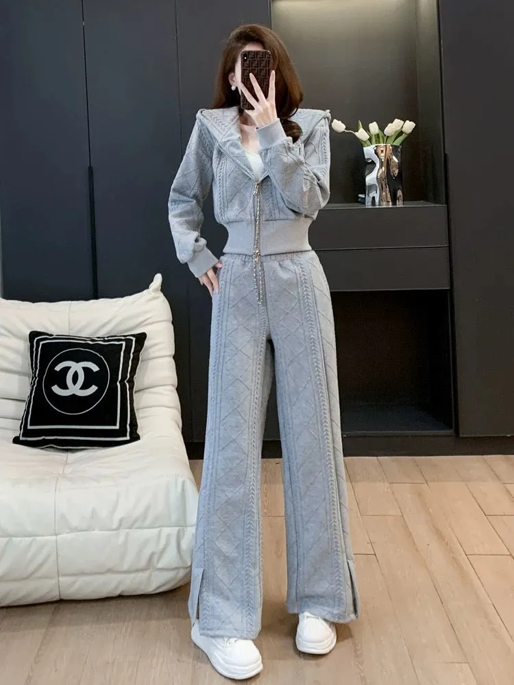 Sports suit for women in autumn and winter, fashionable, casual, age-reducing, European style, streetwear, sweatshirt, wide-leg 