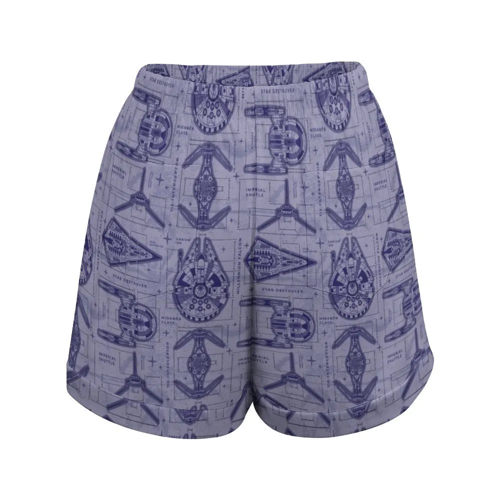 Star Wars Ship Blue Prints Women's High-Waisted Loose Shorts With Pockets