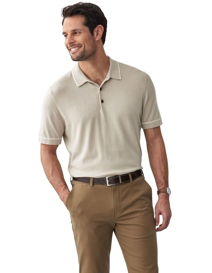 Tipped Knit Polo in Taupe