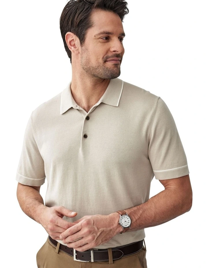 Tipped Knit Polo in Taupe