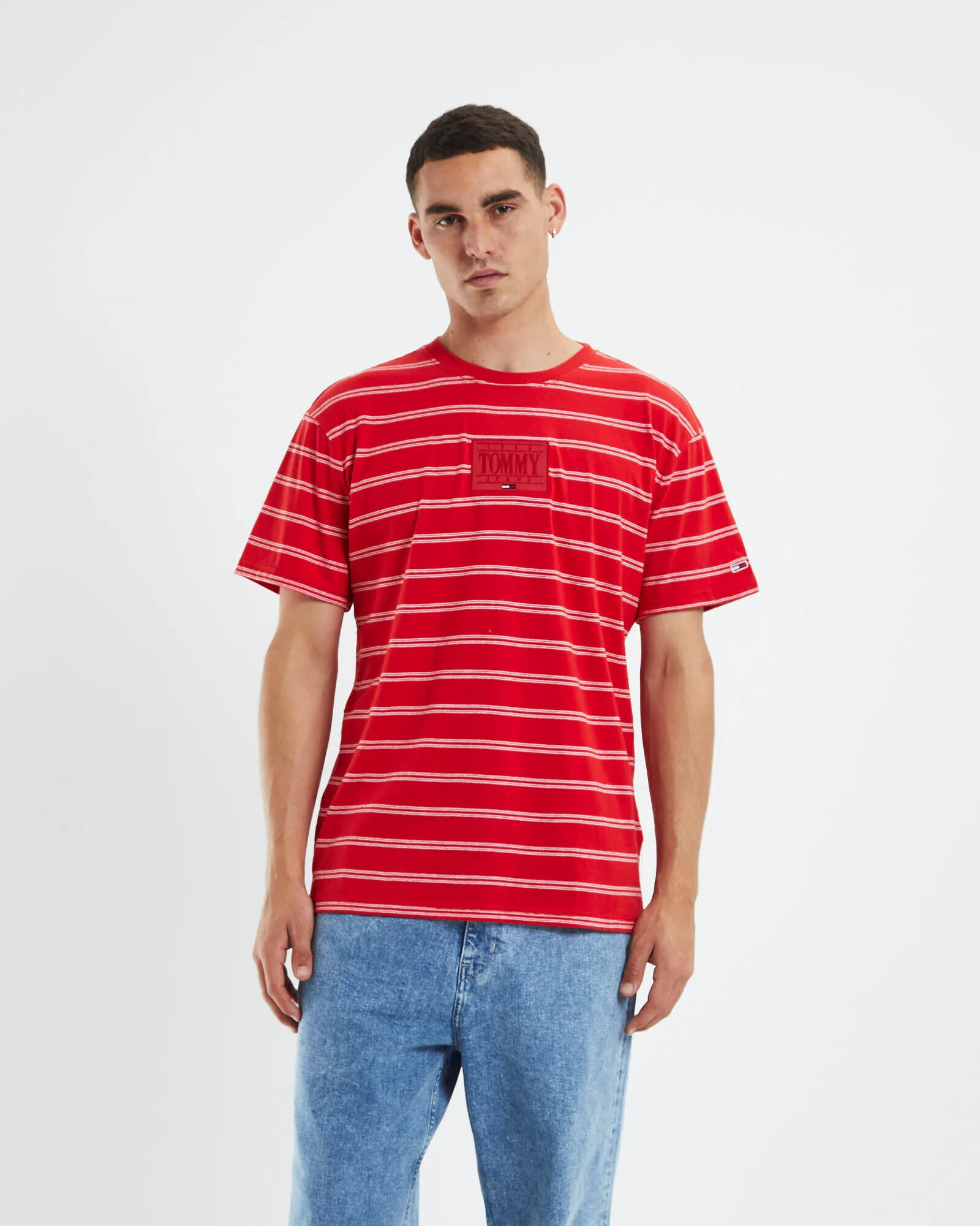 Tommy Jeans TJM Tonal Logo Stripe T-Shirt Deep Crimson Red Stripe