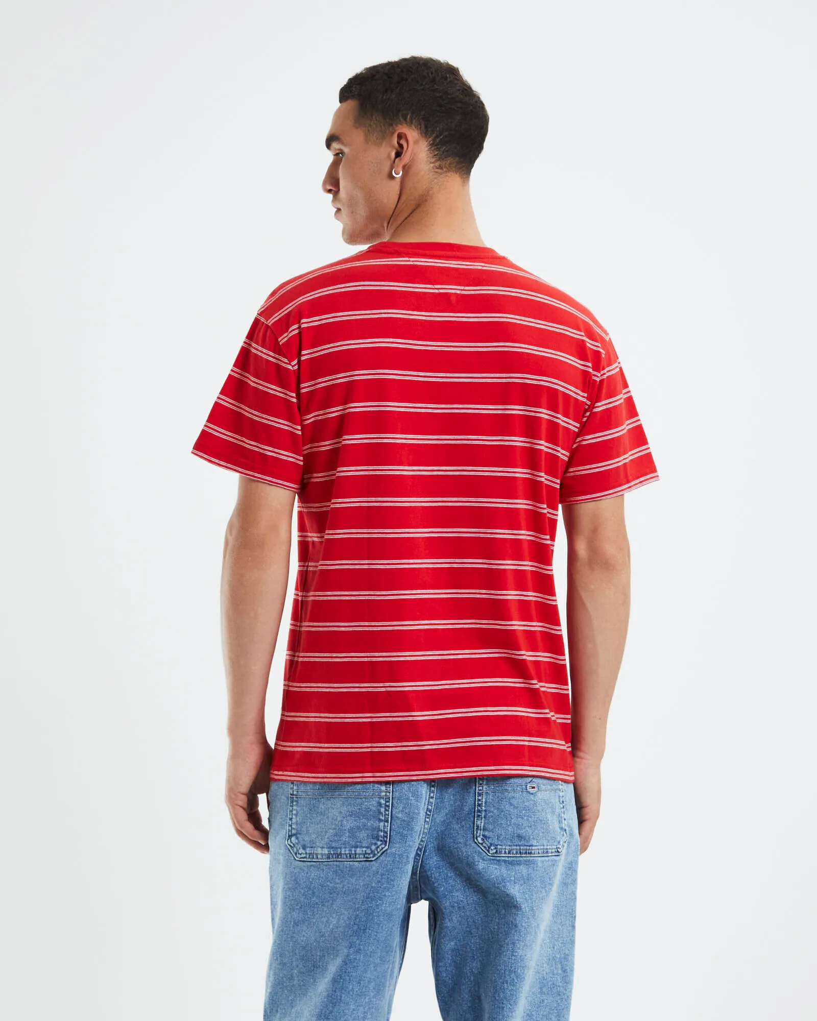 Tommy Jeans TJM Tonal Logo Stripe T-Shirt Deep Crimson Red Stripe