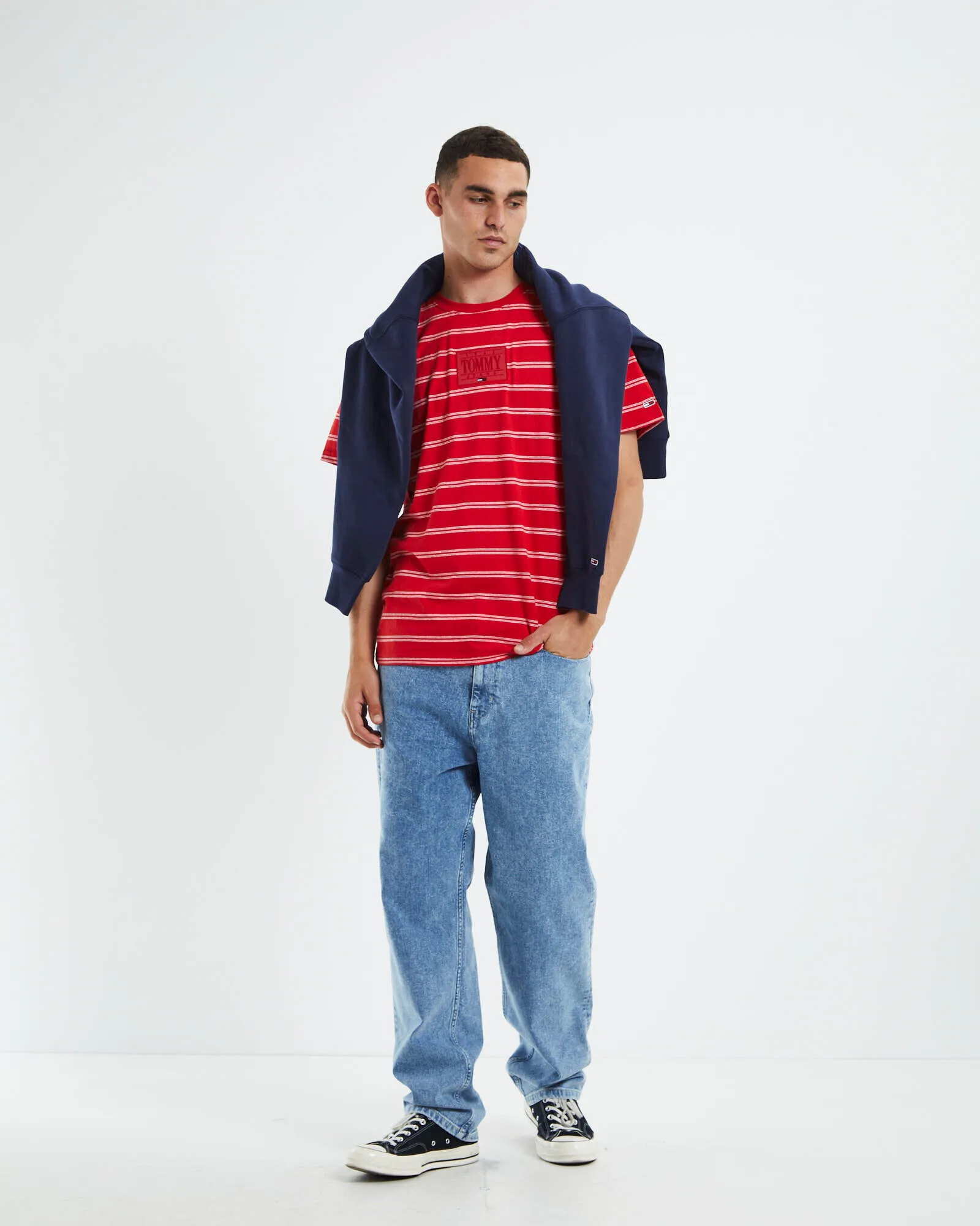 Tommy Jeans TJM Tonal Logo Stripe T-Shirt Deep Crimson Red Stripe