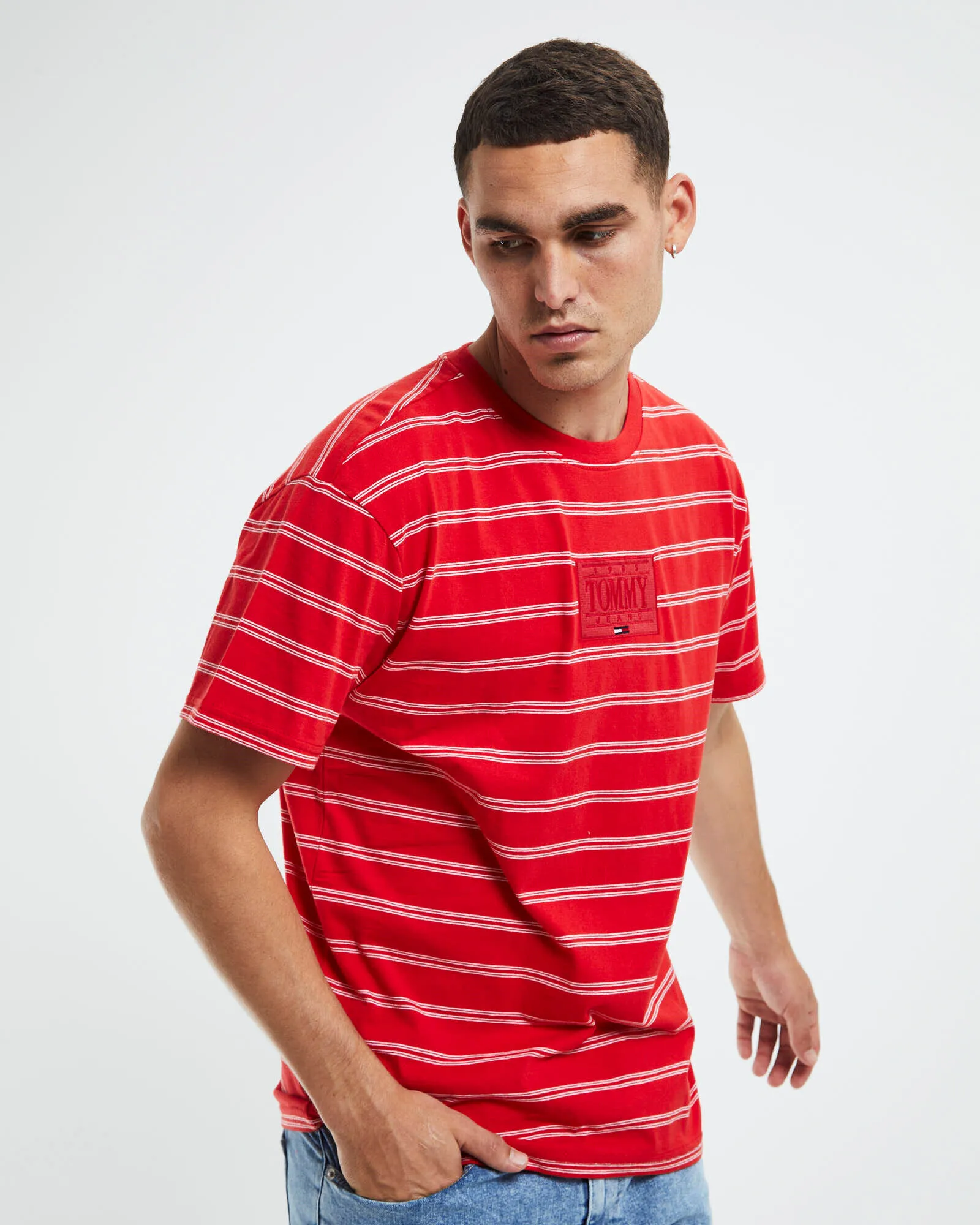 Tommy Jeans TJM Tonal Logo Stripe T-Shirt Deep Crimson Red Stripe