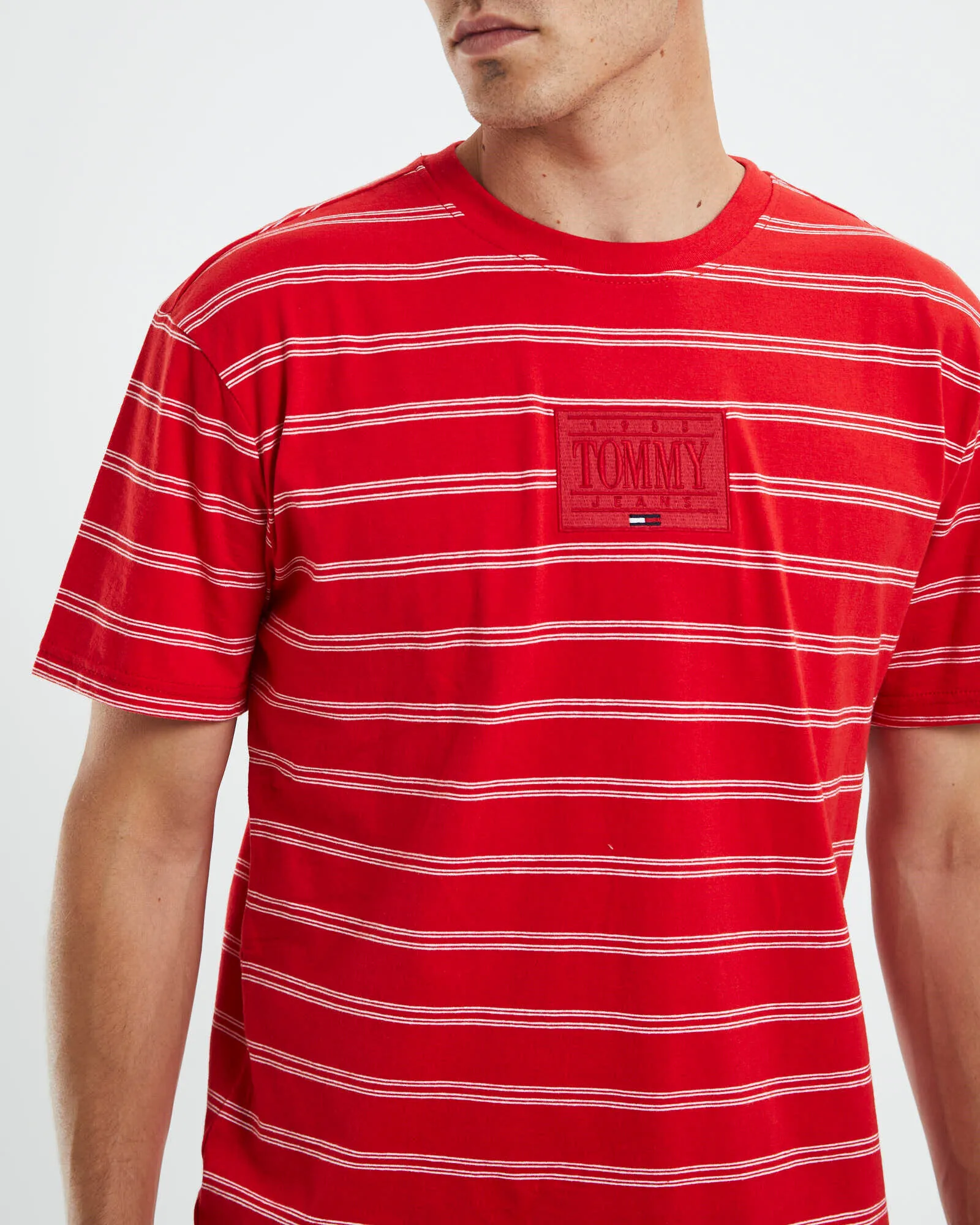 Tommy Jeans TJM Tonal Logo Stripe T-Shirt Deep Crimson Red Stripe