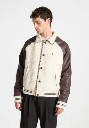 Tweed & Leather Varsity Jacket - Cream/Brown