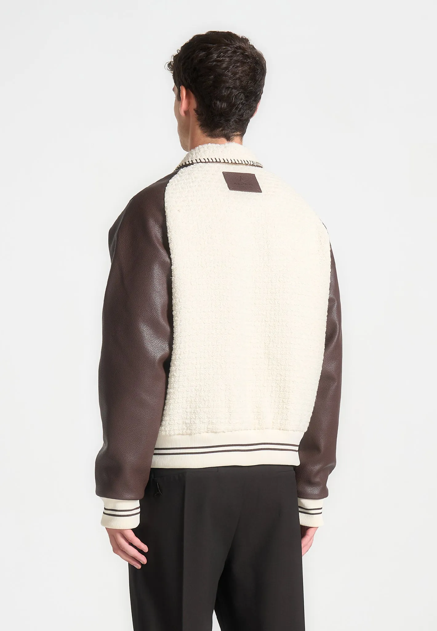 Tweed & Leather Varsity Jacket - Cream/Brown