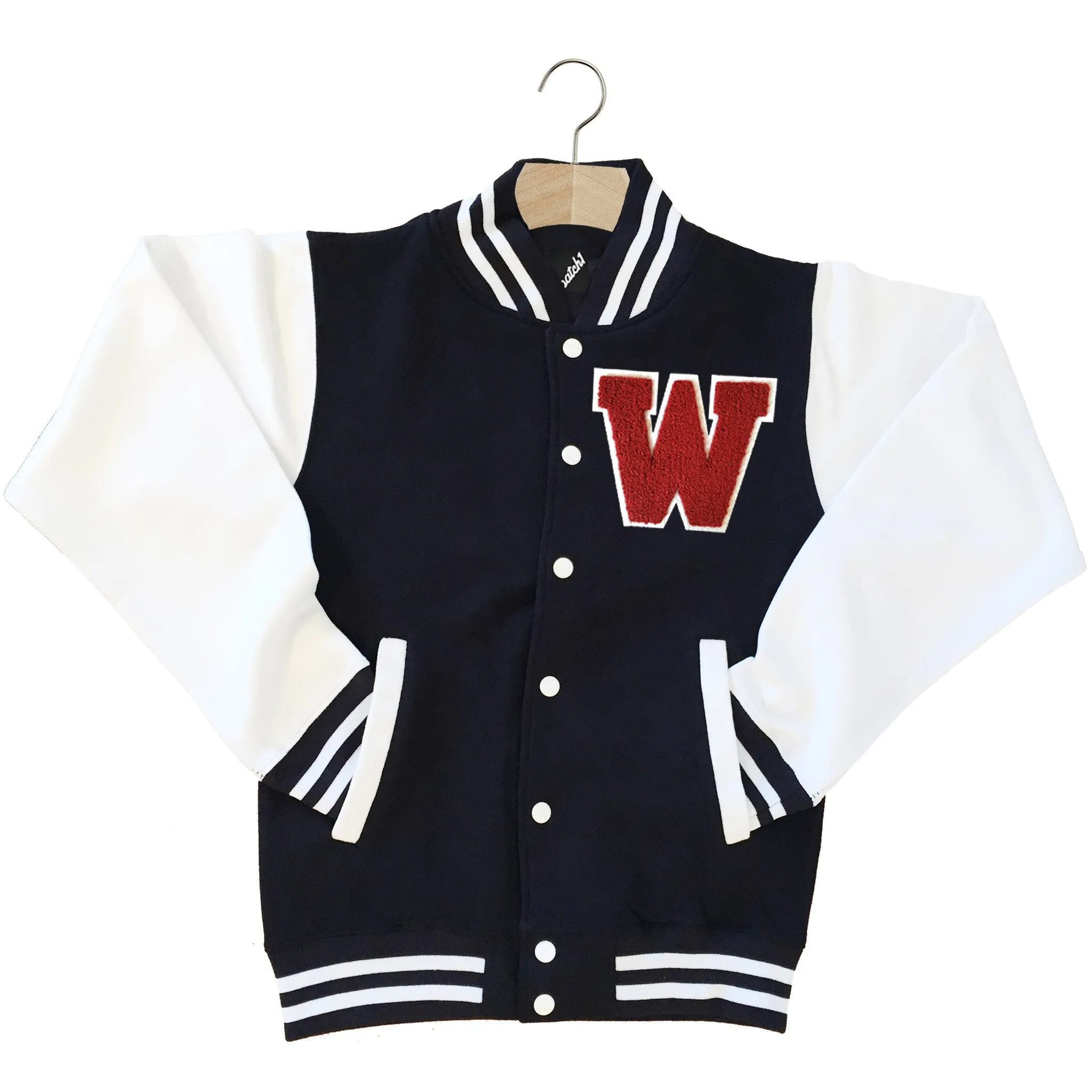 VARSITY BASEBALL JACKET UNISEX PERSONALISED WITH GENUINE US COLLEGE LETTER W