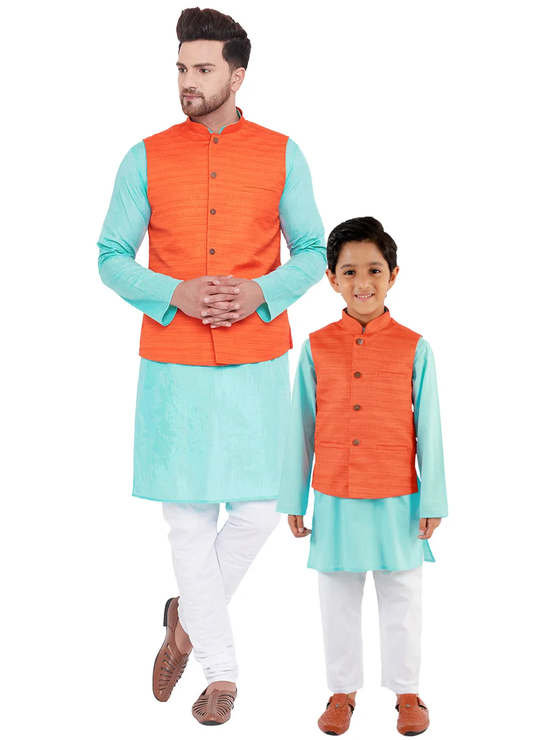 VASTRAMAY Orange And Turquoise Color White Baap Beta Nehru Jacket Kurta Pyjama set