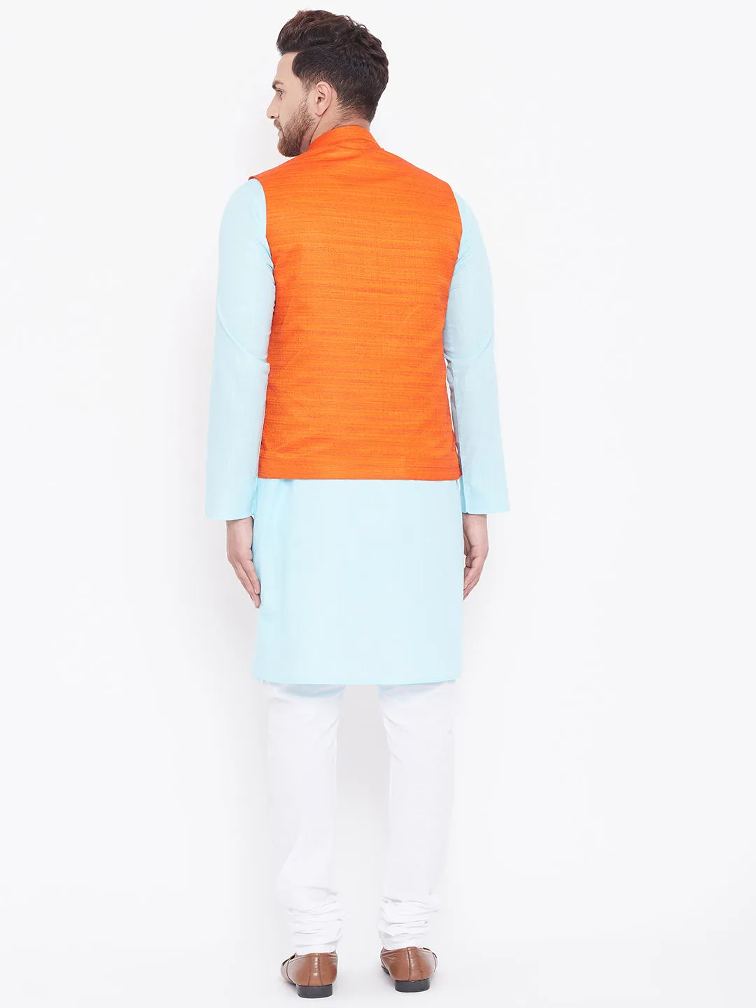 VASTRAMAY Orange And Turquoise Color White Baap Beta Nehru Jacket Kurta Pyjama set