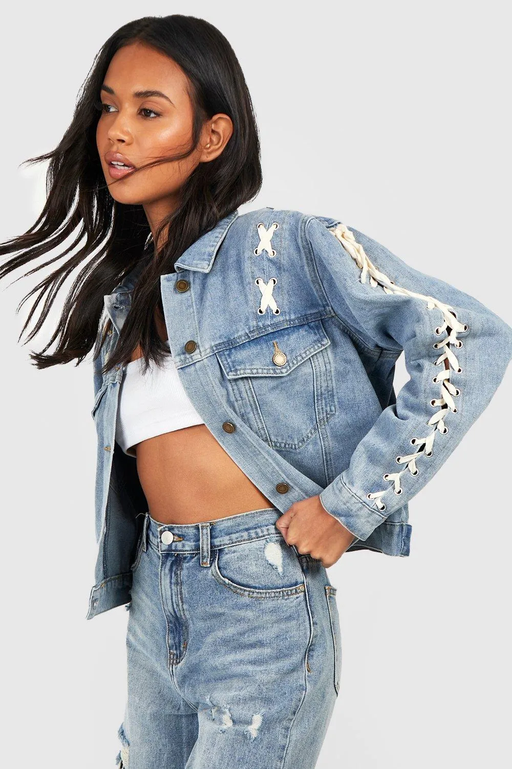 Vintage Wash Lace Up Boyfriend Denim Jacket