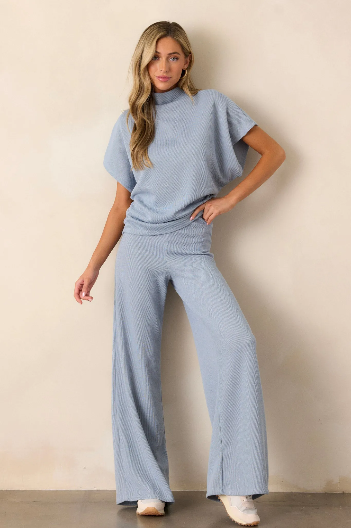 Waterfall Mist Ash Blue Knit Wide Leg Pants