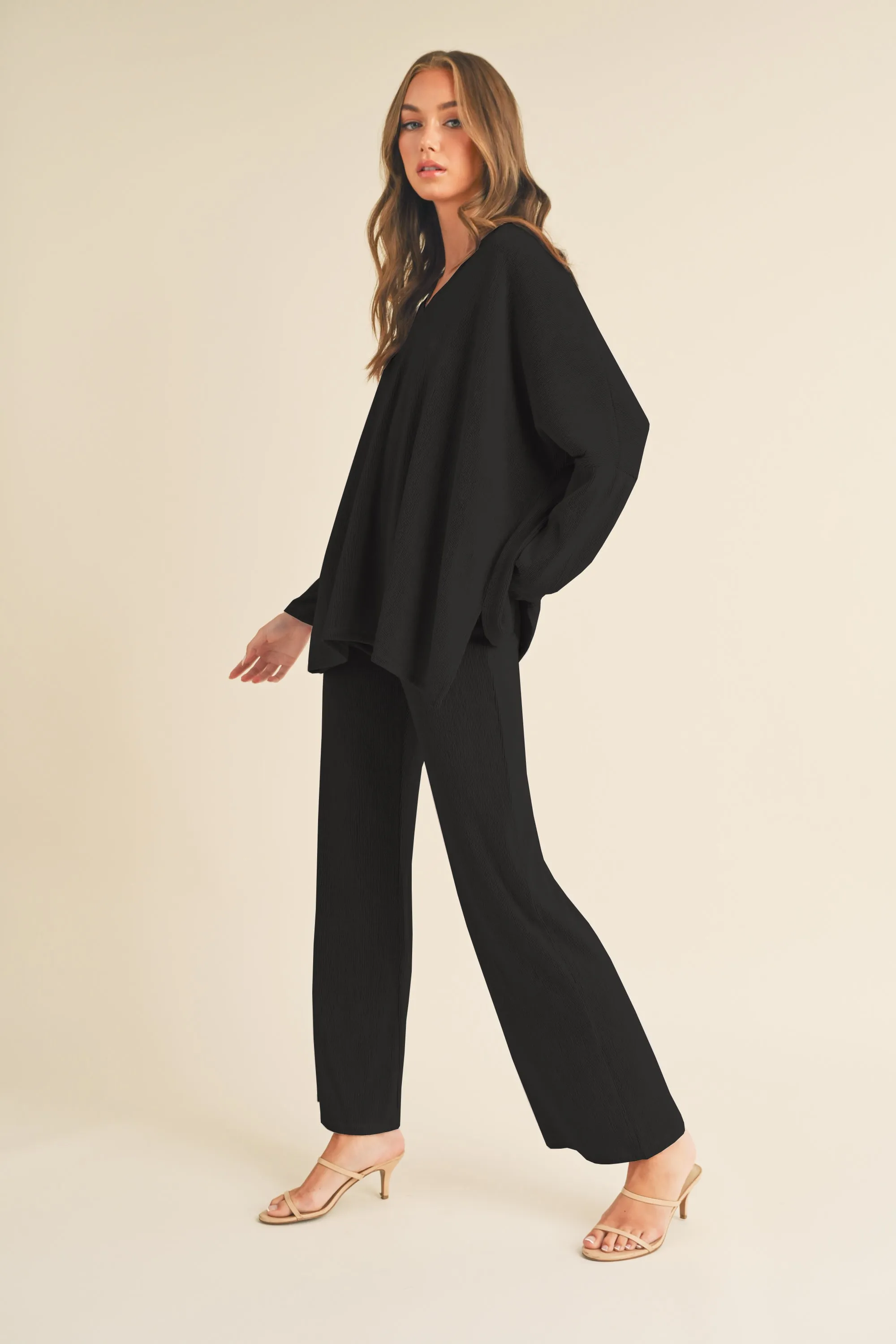 Women's Textured Oversize Top and Wide Leg Pants Set