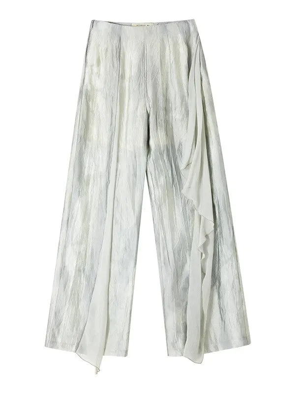 Wrinkled Sheer Frill Asymmetry Straight Wide-Pants