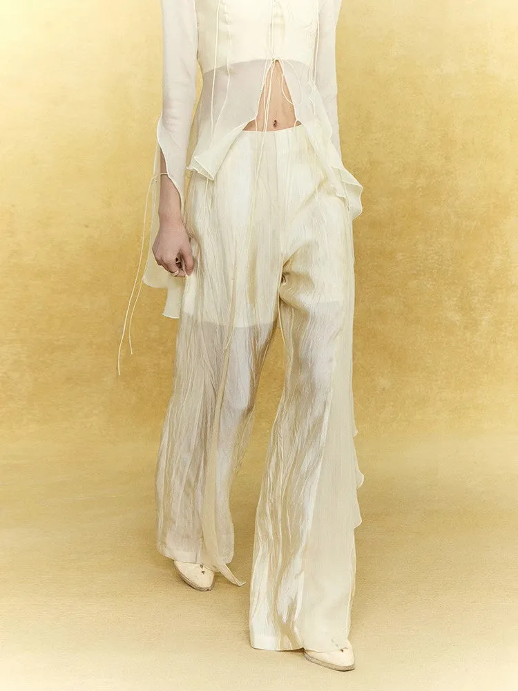 Wrinkled Sheer Frill Asymmetry Straight Wide-Pants