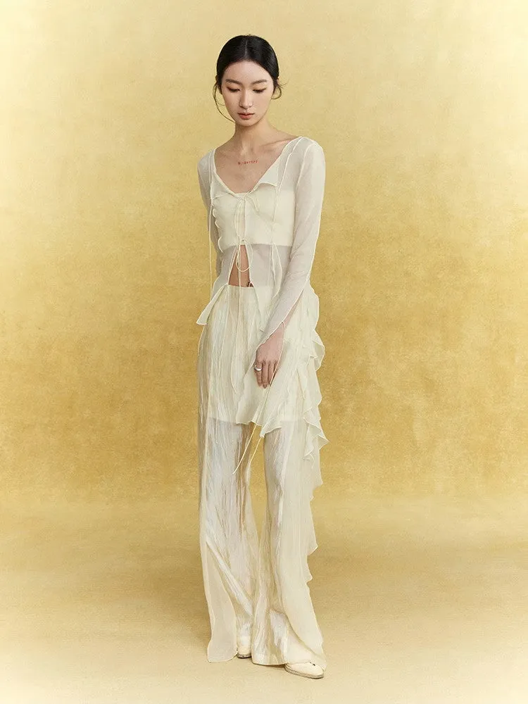 Wrinkled Sheer Frill Asymmetry Straight Wide-Pants